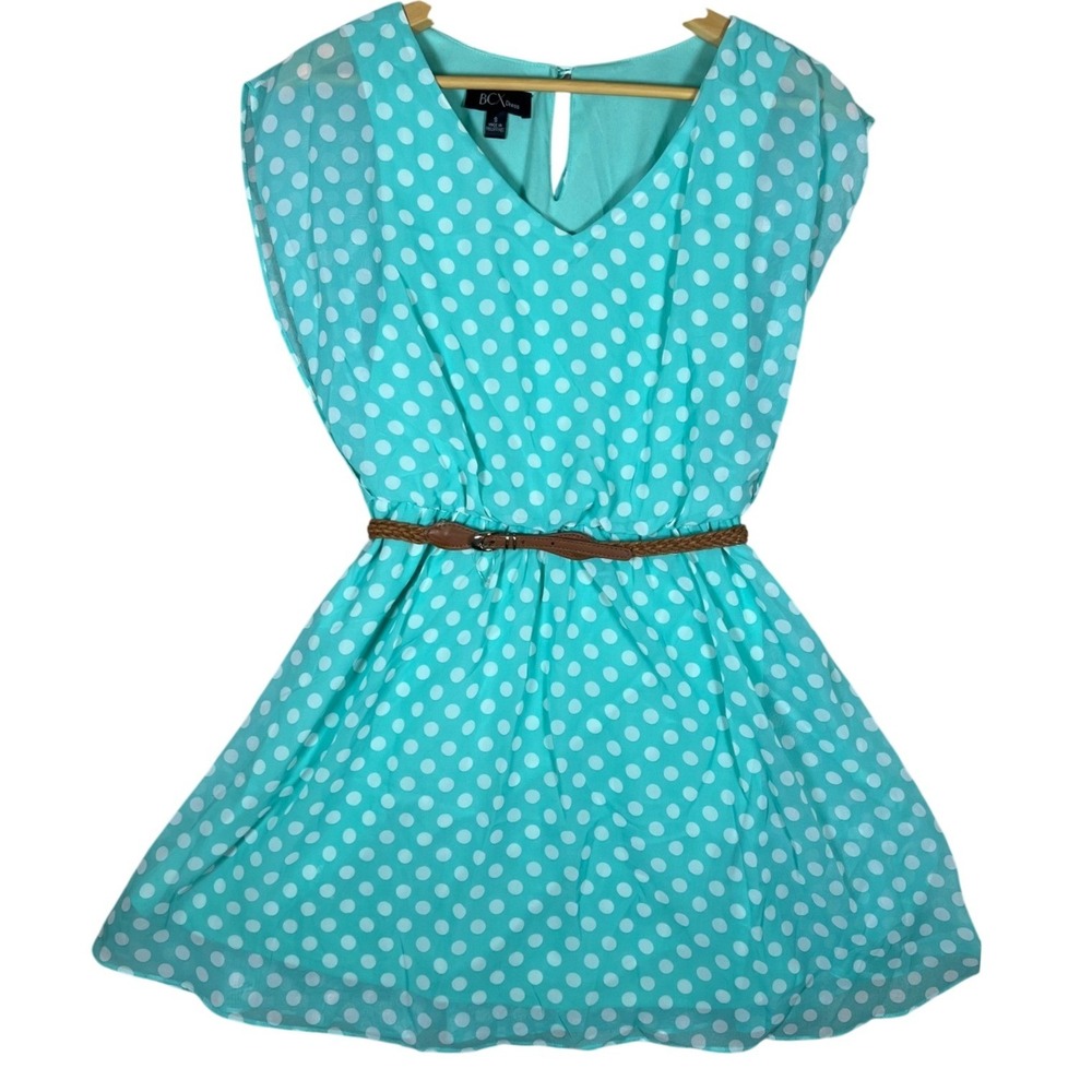 BCX Aqua Blue White Polka Dot Belted RETRO mini Dress Juniors Small V Neck Sheer